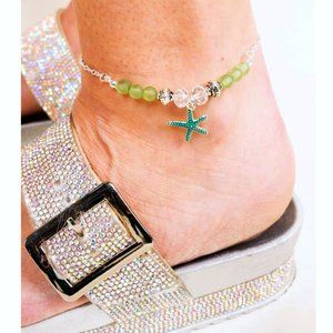 Anklet. Turquoise & Silver Starfish. Green Sea Glass, Crystal Beads.